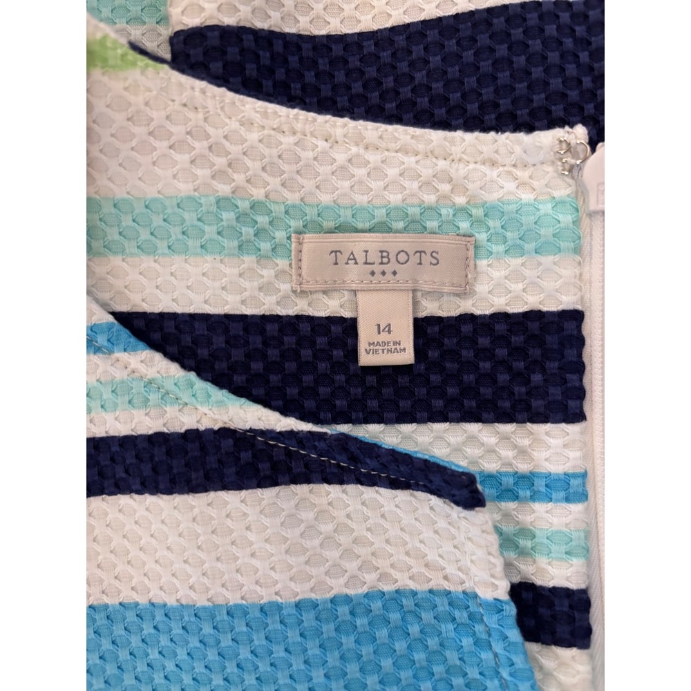 Talbots Piqué Shift Dress Size 14 Blue Stripe Sleeveless Pockets Cotton - Picture 2 of 7